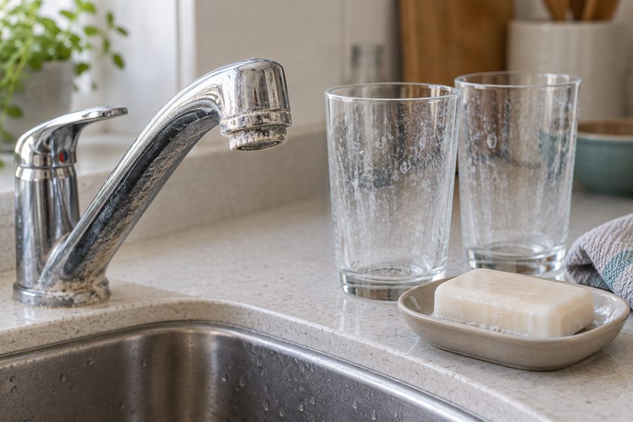 White buildup, spotty glassware, weak lather