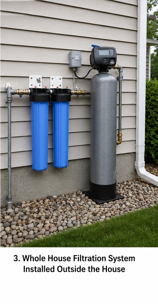 Whole house water filtration system installed outside a home